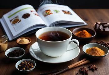 Steaming cup of Pu Erh tea on a wooden table for creative tea recipe article