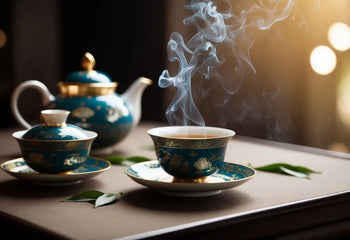 Elegant teal and gold Tea Set displayed for Pu Erh Tea Ceremony in an article