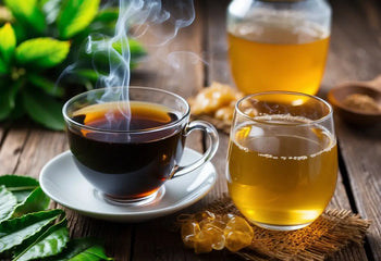 Steaming cup of dark Pu Erh Tea in a rustic setting for the article on Tea Comparisons