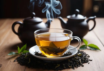 Steaming cup of Pu Erh tea with teapots for travel and relaxation