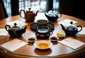 Tea tasting arrangement with cups and leaves for Pu Erh Tea tasting guide