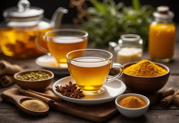 Golden turmeric tea in a clear glass cup next to fresh turmeric roots for Anti Inflammatory Tea