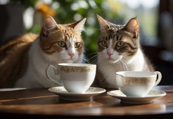 Two curious cats with teacups in an article titled Can Cats Drink Tea