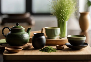 Green ceramic tea set displayed in an article about Culinary vs Ceremonial Matcha