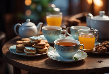 Tea service with cookies and juice for Dessert Tea article