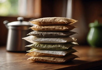 Stacked earth-toned fabric tea sachets displayed on a table