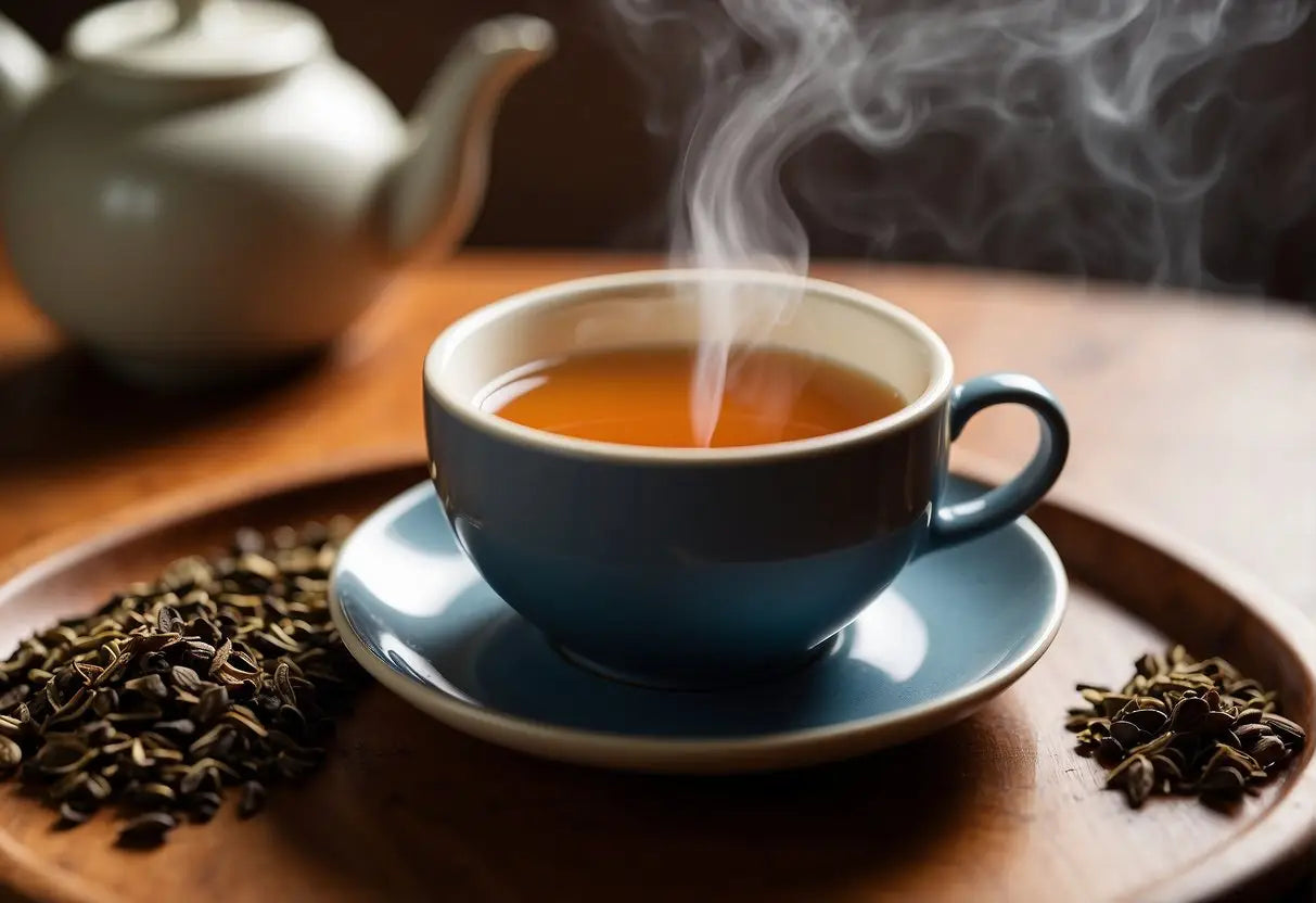 Steaming cup of Hojicha tea in a cozy setting for caffeine content article