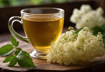 Glass cup of elderflower tea with white flowers for Elderflower Tea Benefits article