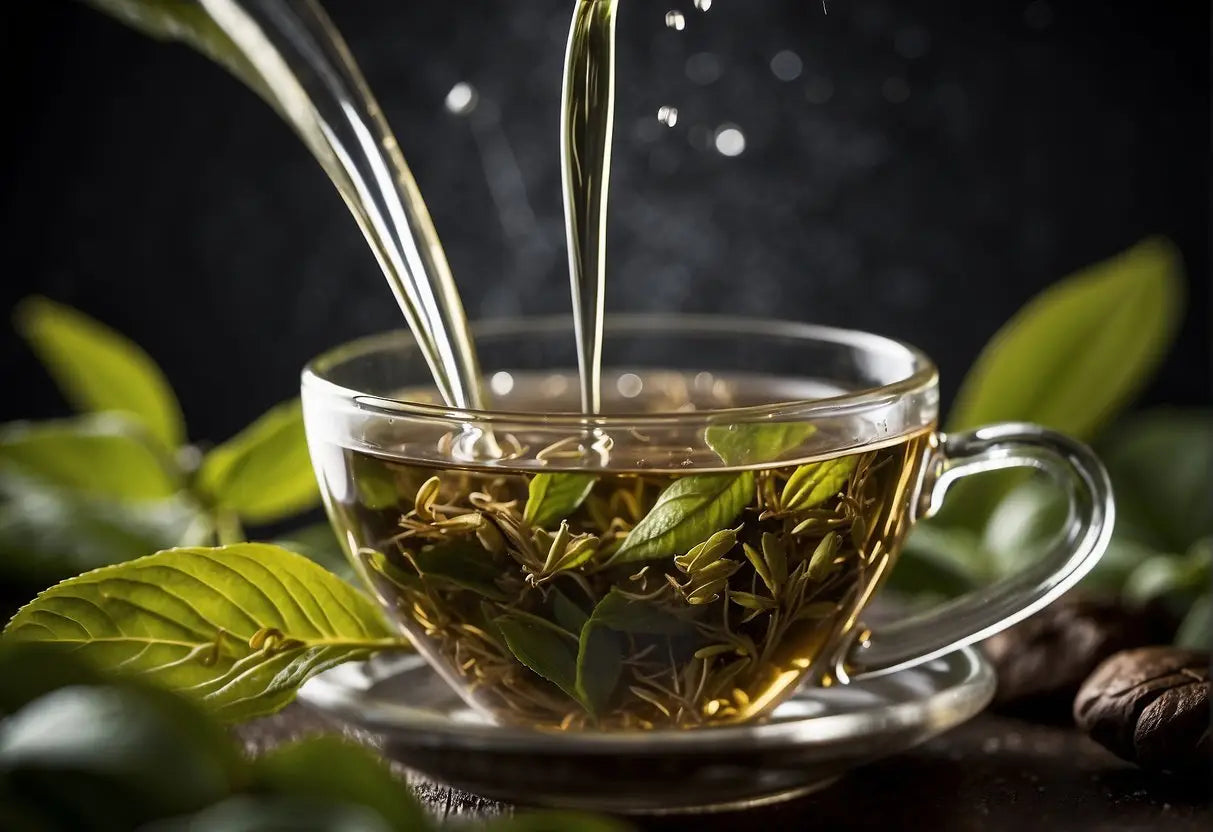 Clear teacup filled with vibrant green tea on a wooden table