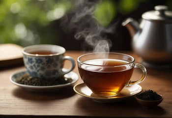 Steaming cups of Pu Erh Tea on a wooden table for health benefits illustration