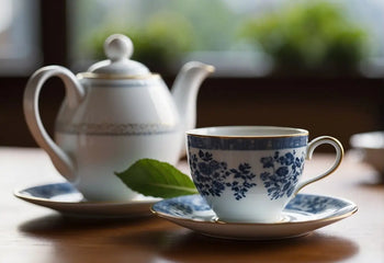 Elegant tea set with a blue floral pattern displayed on a table for a tea article