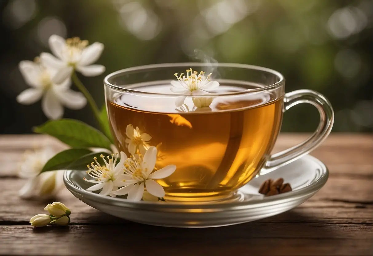 Glass teacup with white flowers on a table for Jasmine Tea caffeine content article