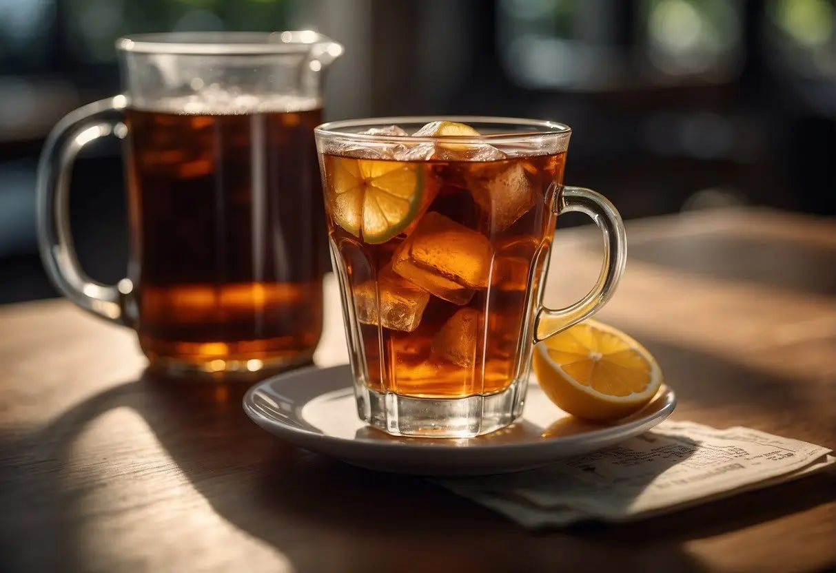 Iced tea with lemon in a glass pitcher for the article on caffeine in sweet tea