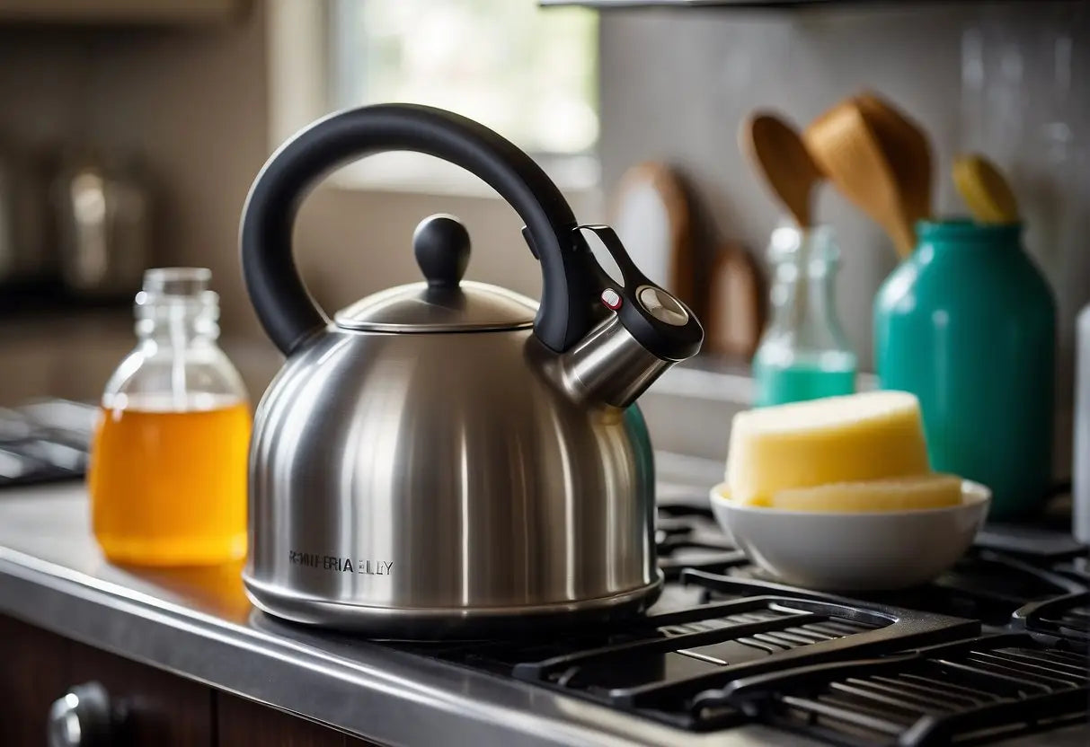 Stainless steel tea kettle used for boiling water in a cleaning article