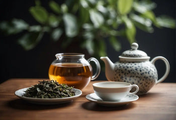 Tea service with loose tea displayed for the How to Use a Teapot article