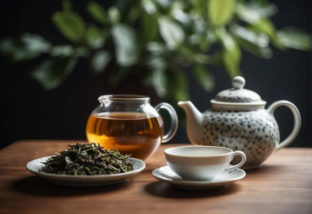 Tea service with loose tea displayed for the How to Use a Teapot article