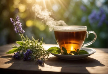 Steaming cup of Hyssop Tea with fragrant lavender flowers