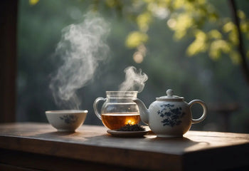 Steaming Chinese tea set with teapot and cups on a wooden table