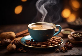 Steaming blue teacup with spices for Masala Chai Benefits article
