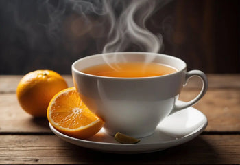 Steaming cup of Orange Pekoe Tea served in a cozy setting