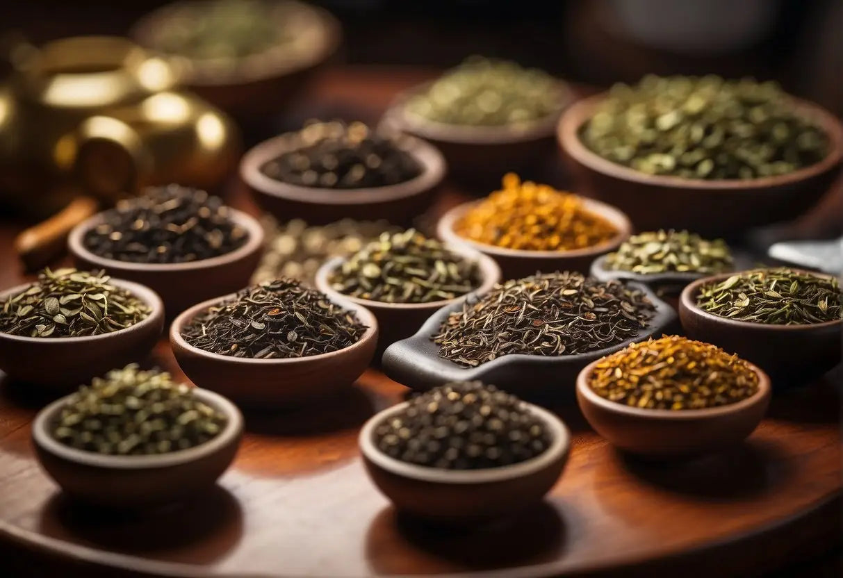 Assorted dried herbs and spices in bowls for Pu-erh Tea Taste article