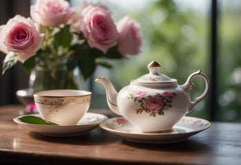 Beautiful floral patterned tea set displayed for Rose Tea Benefits article