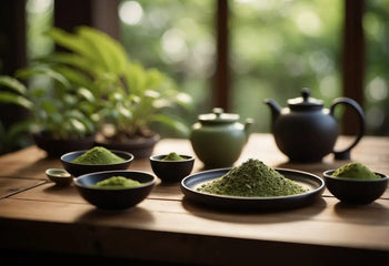 Matcha tea powder with traditional teaware for a Japanese tea experience