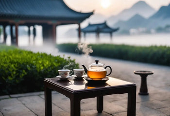 Steaming tea set on a wooden table representing optimal Pu Erh tea drinking time