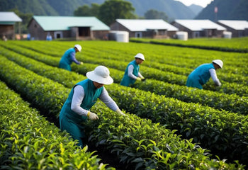 Tea pickers working in a field for sustainable Pu Erh tea production