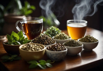 Assortment of herbal teas with steaming cups for the Types of Tea article