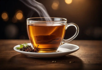 Steaming cup of amber tea on a wooden table for the What Color Is Tea article