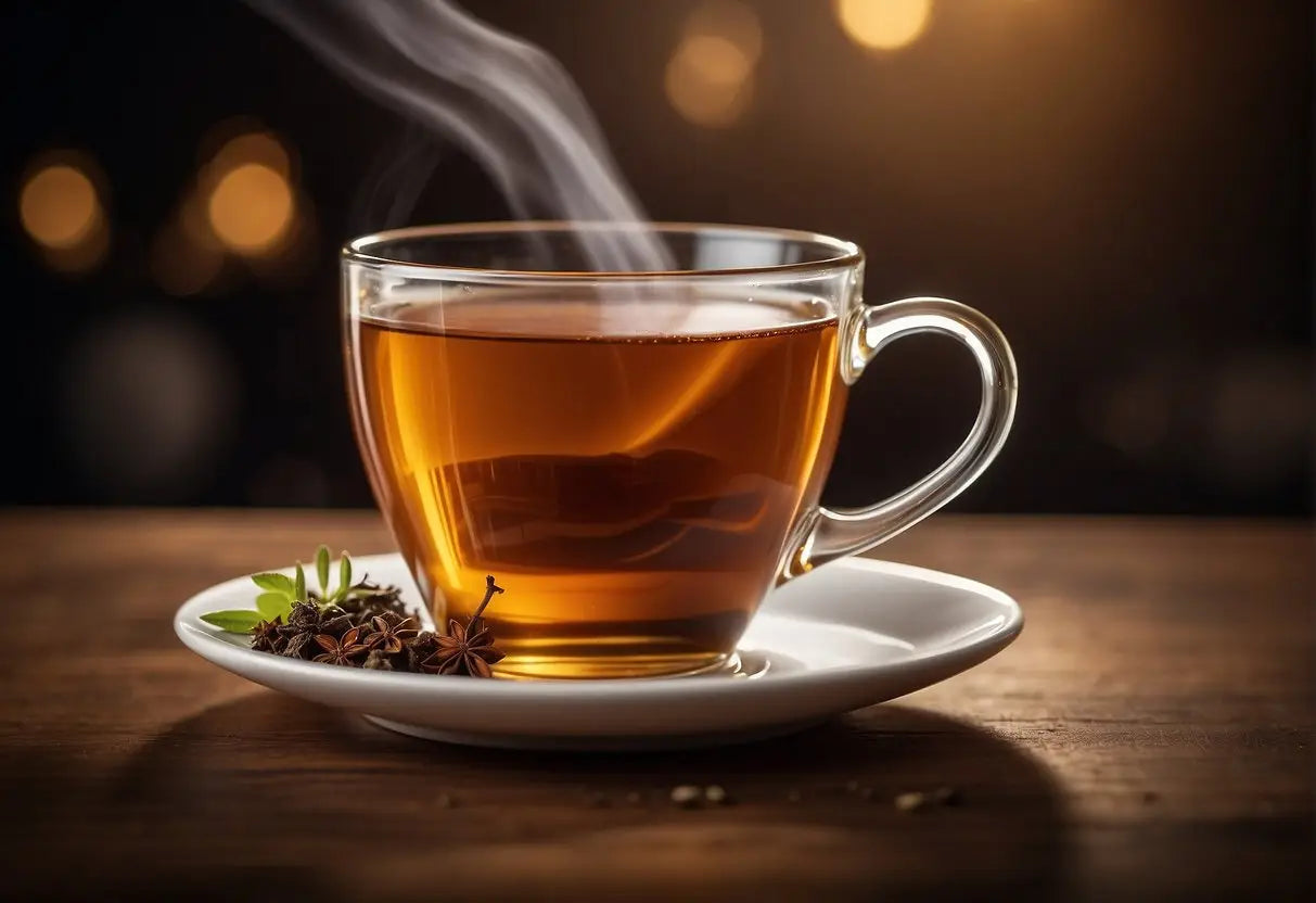 Steaming cup of amber tea on a wooden table for the What Color Is Tea article