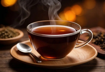 Steaming cup of dark black tea on a wooden table in an article about black tea flavor