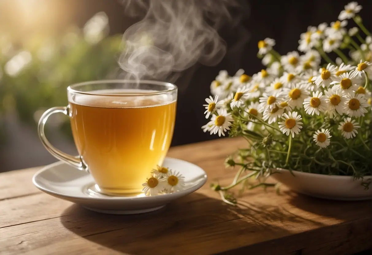 Steaming cup of Chamomile Tea illustrating its calming and floral qualities