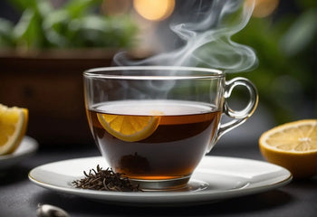 Steaming cup of Earl Grey tea with lemon slice in a cozy setting