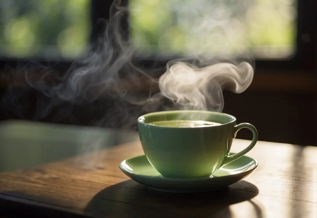 Steaming green teacup showcasing vibrant green tea in an article about green tea taste