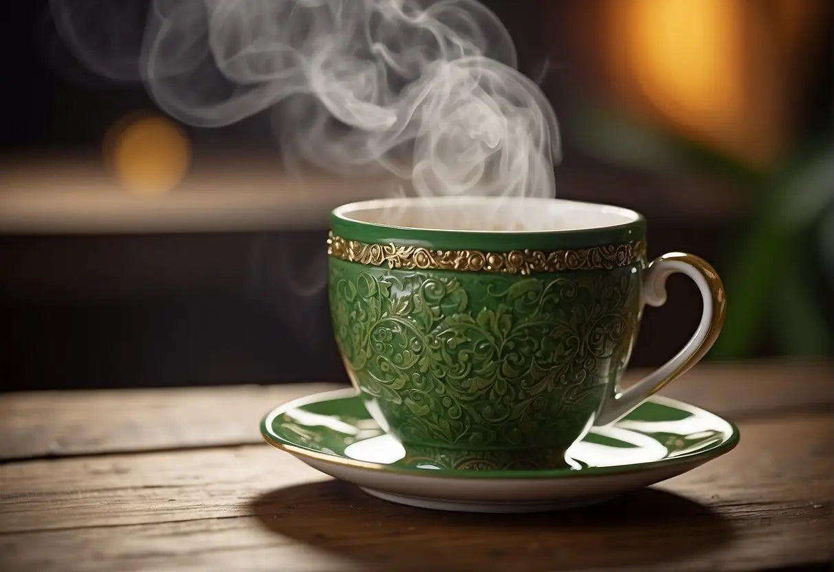 Steaming green teacup with gold trim representing Mate Tea in the article