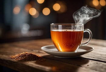Steaming cup of amber Rooibos tea illustrating Its warm, nutty flavor