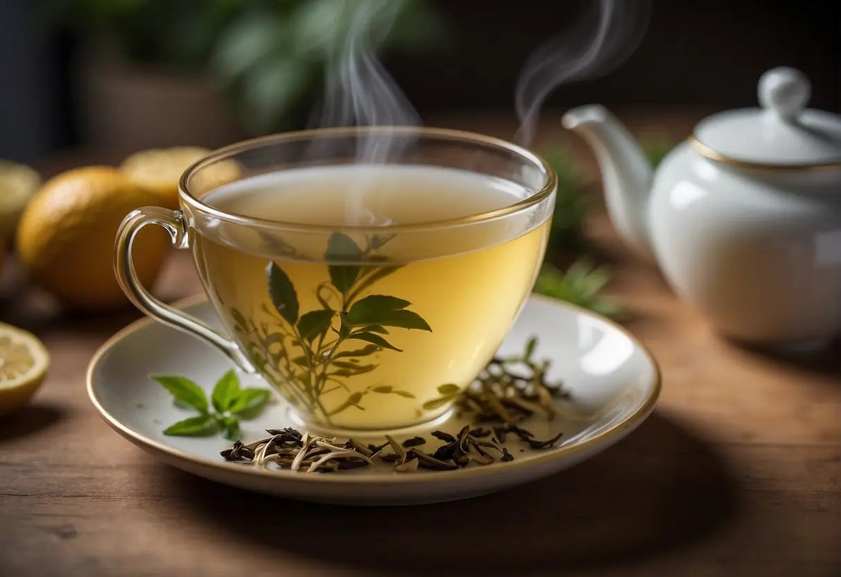 Steaming cup of herbal tea featured in an article about What Does White Tea Taste Like
