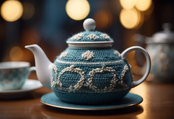 Teal teapot with a crocheted cover in an article about what is a tea cozy