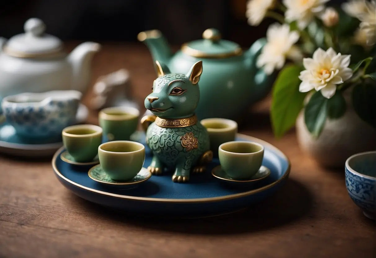 Green dog figurine tea pet with teacups displayed in a Tea Pet article
