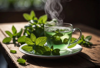 Steaming cup of Mint Tea in a cozy setting for health benefits article