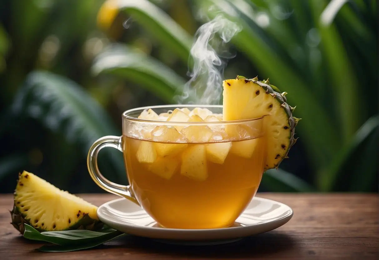 Steaming pineapple tea in a glass cup showcasing health benefits