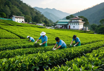 Lush Pu Erh tea plantation with workers harvesting tea leaves for premium quality tea