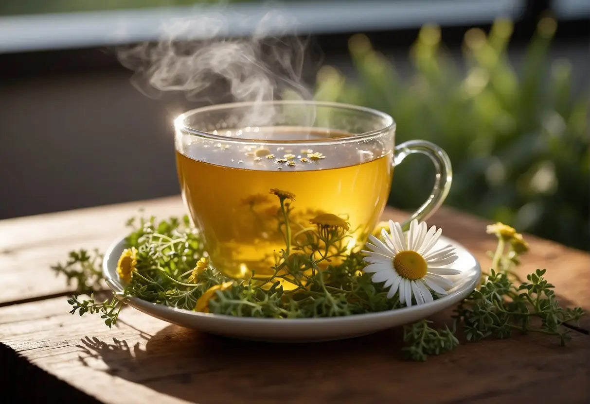 Steaming cup of herbal tea recommended for soothing diarrhea in health articles