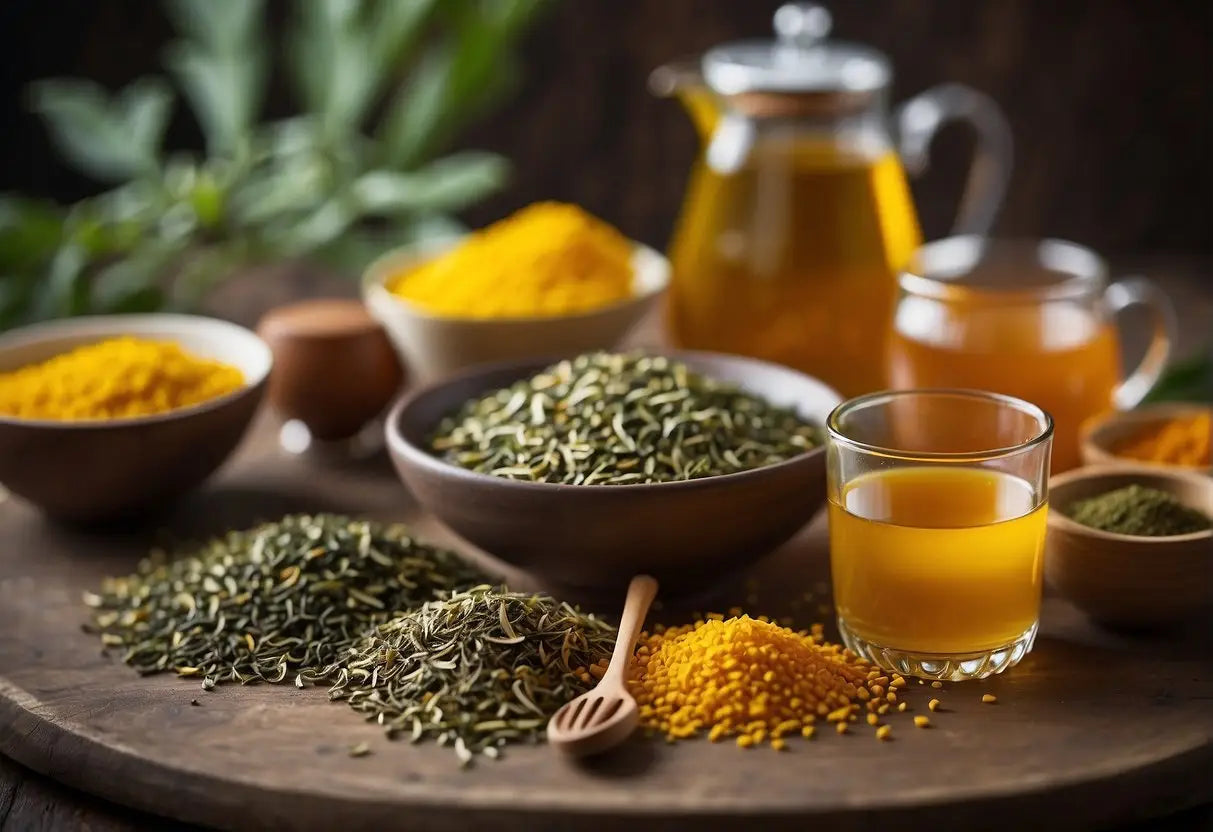 Assorted spices and herbal remedies for liver and kidney health display