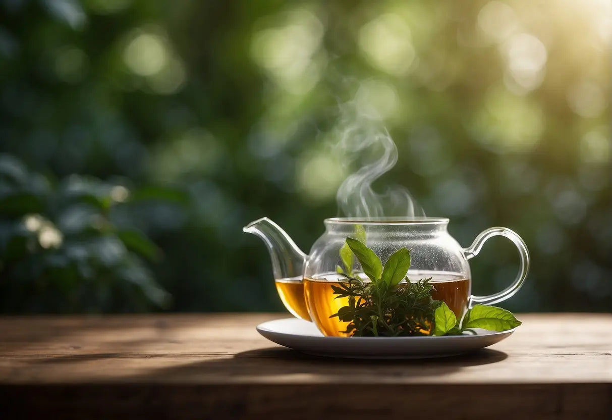 Steaming glass teapot with fresh herbs for lymphatic drainage in health article
