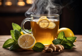 Steaming lemon ginger tea in a glass mug, soothing and flavorful for nausea relief