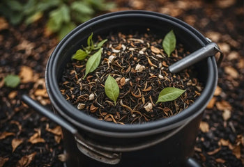 Black bucket filled with compost and leaves for recycling used tea leaves