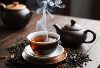 Steaming cup of tea with traditional teapots for aged Pu Erh tea article